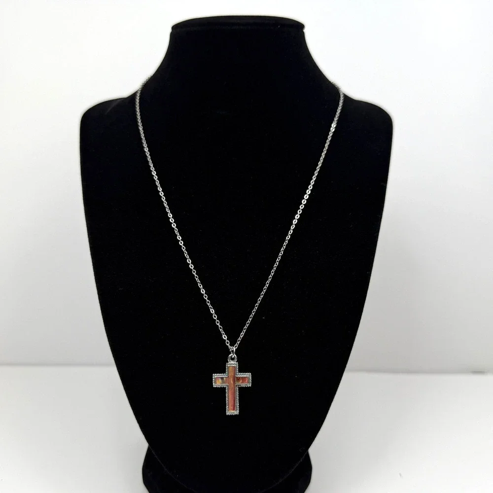 Iridescent Enamel Silver Tone Cross Pendant Necklace Religious Jewelry 10 in L